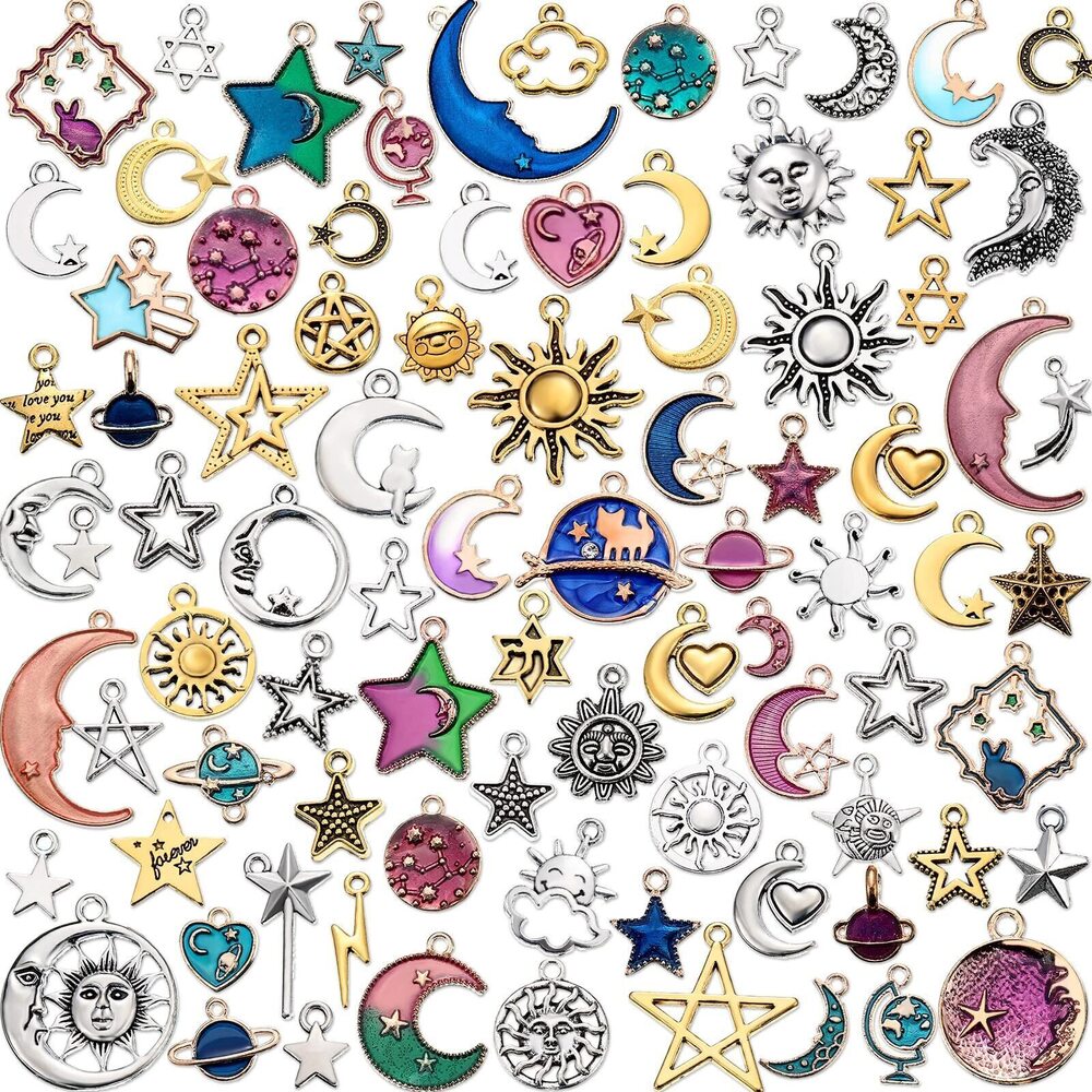 1921 160 Pcs Bracelet Charms, Mixed Antique Sun Star Moon Charm Pendant